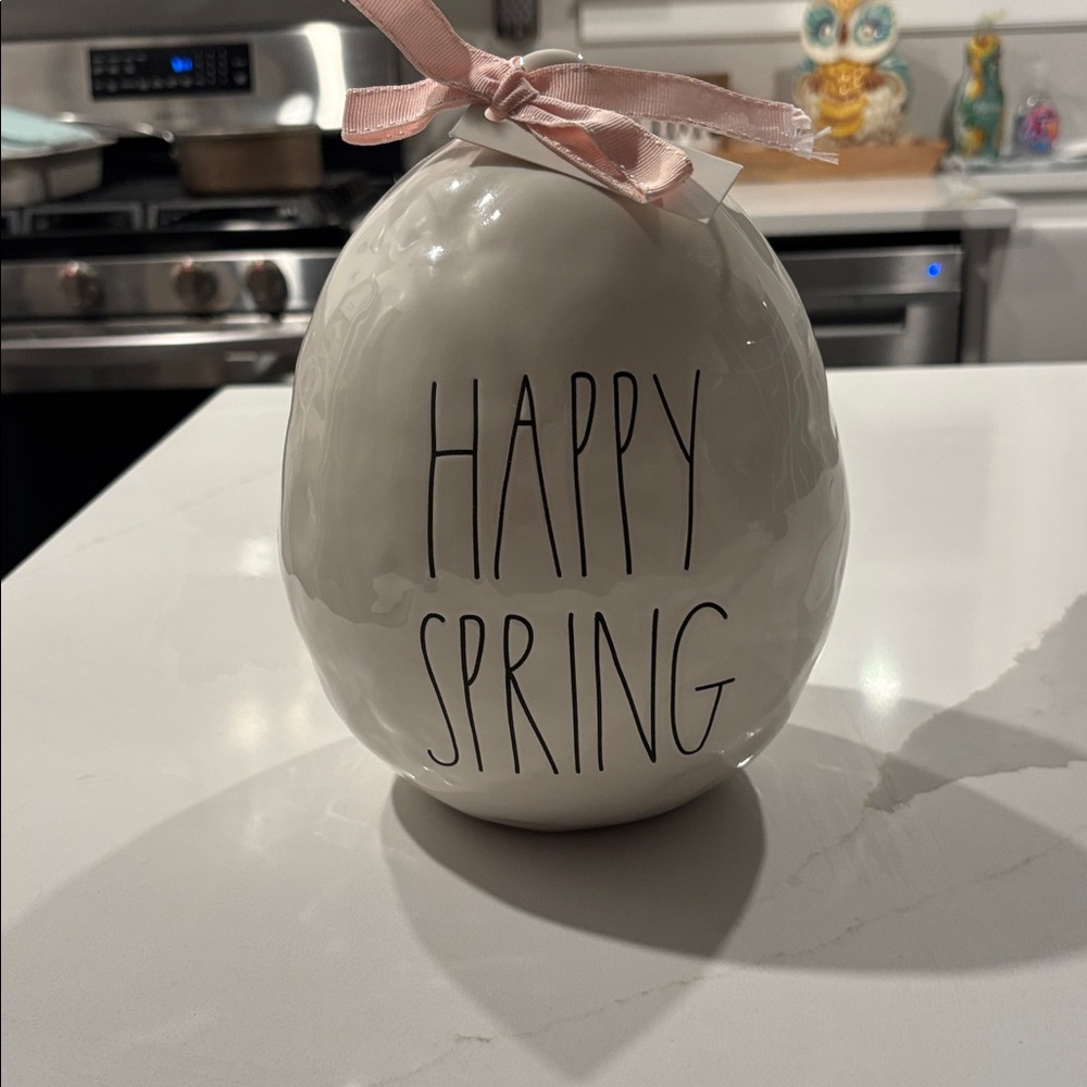 Rae Dunn “HAPPY SPRING” Cream & Black Ceramic Egg w Pink Ribbon… NWT